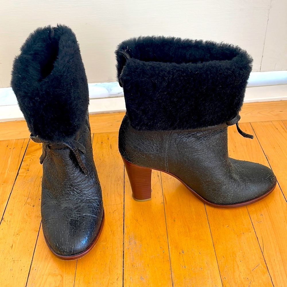 Tila March Paris Black Leather & Shearling Boots Size 38